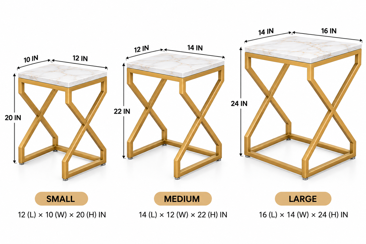 ANISHWAR X-Design Nesting Side Tables Set of 3 | Small, Medium & Large | Marble Finish Top with Gold Metal Frame | Modern Accent Tables for Living Room, Bedroom & Sofa