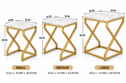 ANISHWAR X-Design Nesting Side Tables Set of 3 | Small, Medium & Large | Marble Finish Top with Gold Metal Frame | Modern Accent Tables for Living Room, Bedroom & Sofa