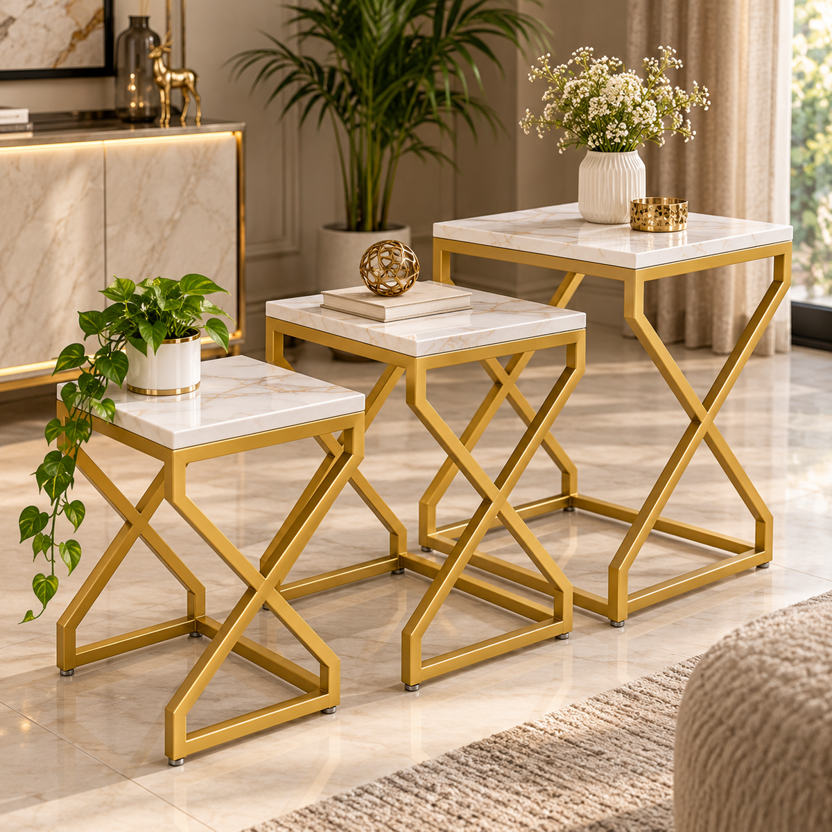 ANISHWAR X-Design Nesting Side Tables Set of 3 | Small, Medium & Large | Marble Finish Top with Gold Metal Frame | Modern Accent Tables for Living Room, Bedroom & Sofa
