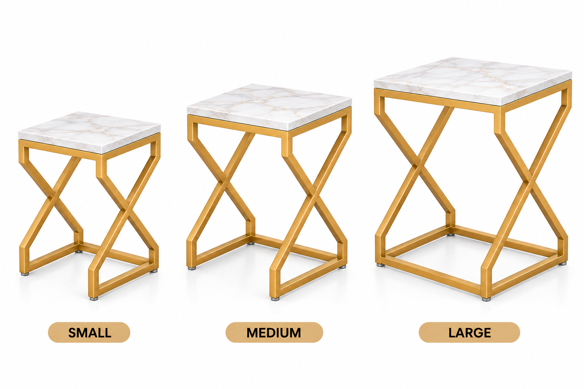 ANISHWAR X-Design Nesting Side Tables Set of 3 | Small, Medium & Large | Marble Finish Top with Gold Metal Frame | Modern Accent Tables for Living Room, Bedroom & Sofa