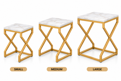 ANISHWAR X-Design Nesting Side Tables Set of 3 | Small, Medium & Large | Marble Finish Top with Gold Metal Frame | Modern Accent Tables for Living Room, Bedroom & Sofa