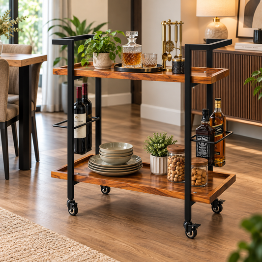Anishwar Metal + Wood Bar Trolley ( Black And Brown Finish )
