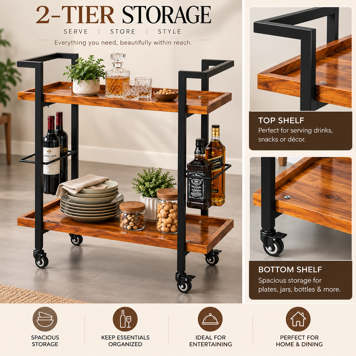 Anishwar Metal + Wood Bar Trolley ( Black And Brown Finish )