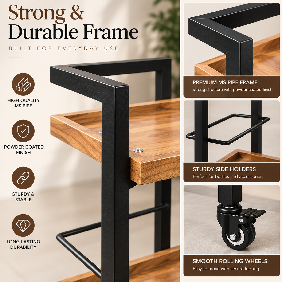 Anishwar Metal + Wood Bar Trolley ( Black And Brown Finish )