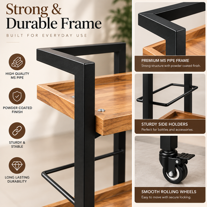 Anishwar Metal + Wood Bar Trolley ( Black And Brown Finish )