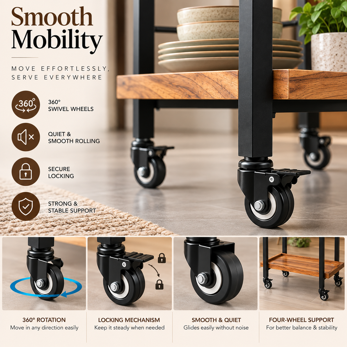 Anishwar Metal + Wood Bar Trolley ( Black And Brown Finish )