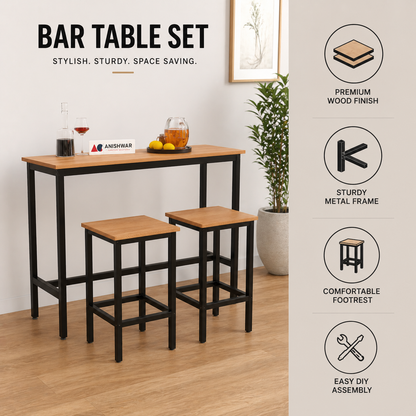 3 Piece Bar Table Set with 2 Stools, 40 x 16 Inch Counter Height Table, Wooden Finish MDF Tabletop with Black Metal Frame, Modern Breakfast Table Set for Kitchen, Dining Room & Small Spaces