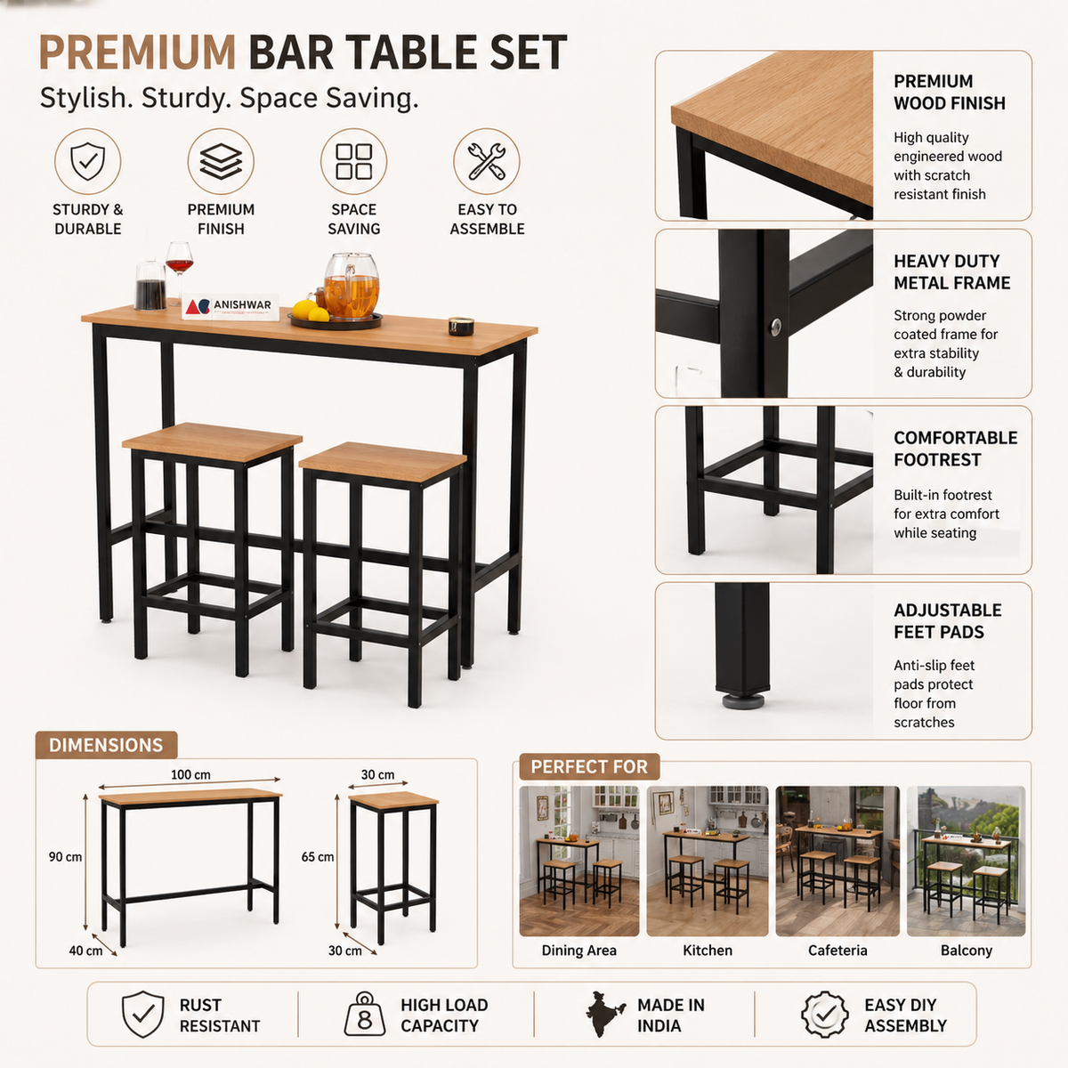 3 Piece Bar Table Set with 2 Stools, 40 x 16 Inch Counter Height Table, Wooden Finish MDF Tabletop with Black Metal Frame, Modern Breakfast Table Set for Kitchen, Dining Room & Small Spaces