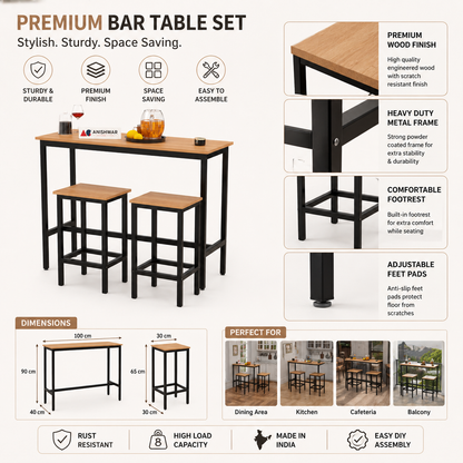 3 Piece Bar Table Set with 2 Stools, 40 x 16 Inch Counter Height Table, Wooden Finish MDF Tabletop with Black Metal Frame, Modern Breakfast Table Set for Kitchen, Dining Room & Small Spaces