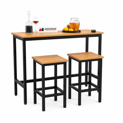 3 Piece Bar Table Set with 2 Stools, 40 x 16 Inch Counter Height Table, Wooden Finish MDF Tabletop with Black Metal Frame, Modern Breakfast Table Set for Kitchen, Dining Room & Small Spaces