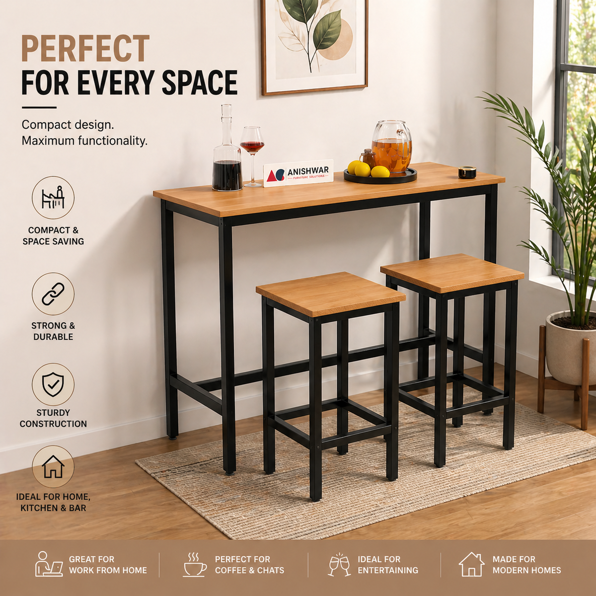3 Piece Bar Table Set with 2 Stools, 40 x 16 Inch Counter Height Table, Wooden Finish MDF Tabletop with Black Metal Frame, Modern Breakfast Table Set for Kitchen, Dining Room & Small Spaces