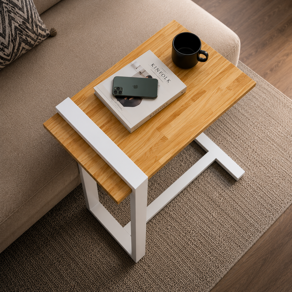 ANISHWAR Rubber Wood Top Sofa Side C Table | Heavy Metal Frame Laptop Table for Bed