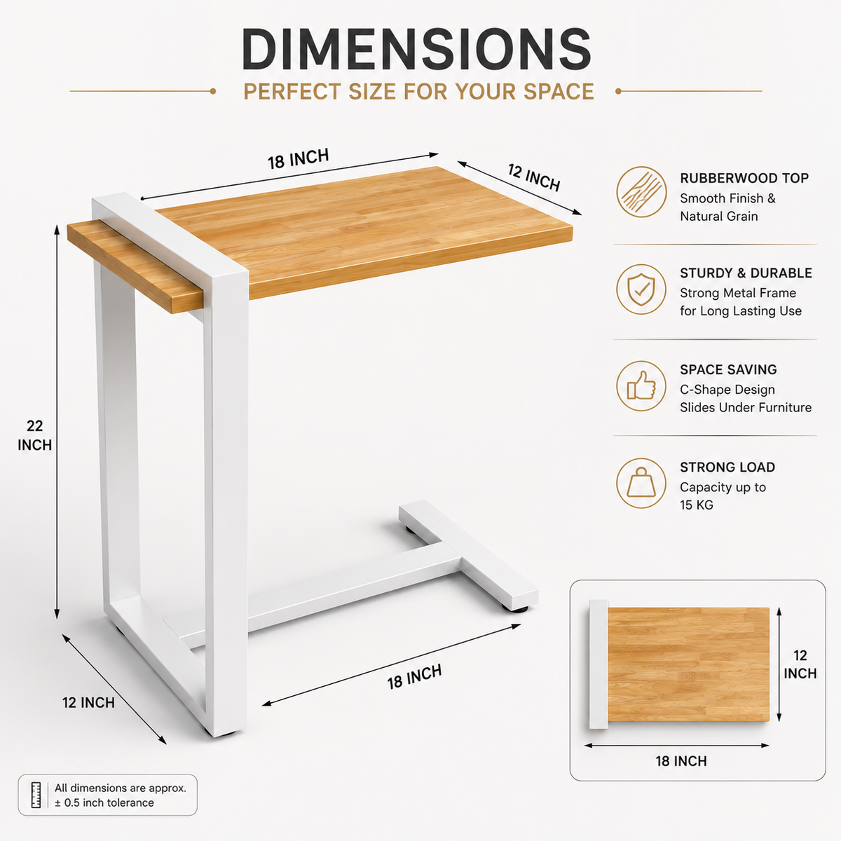 ANISHWAR Rubber Wood Top Sofa Side C Table | Heavy Metal Frame Laptop Table for Bed