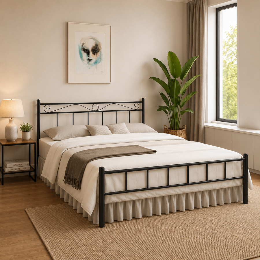 London Metal Queen Size Bed | Metal Double Bed with Headboard | Bed for Bedroom | Iron Black | DIY (Do It Yourself)