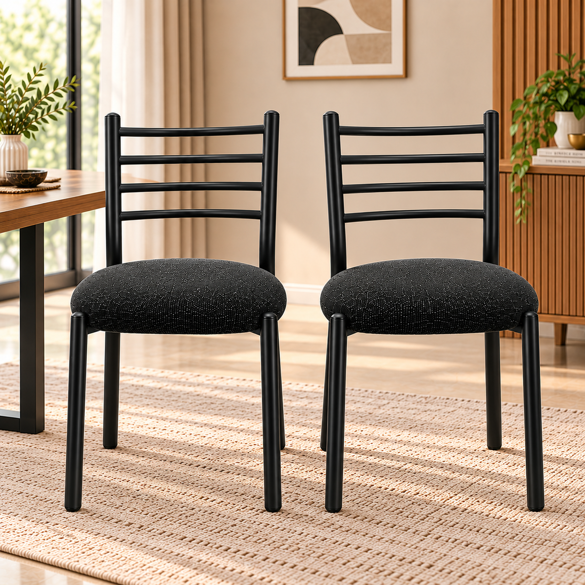 ANISHWAR Set of 2 Modern Dining Chairs for Home | Black Metal Frame with Cushioned Seat | 83 cm High Dining Chairs | Green & Black Cushion Colour Options | Dining Room & Kitchen Chairs