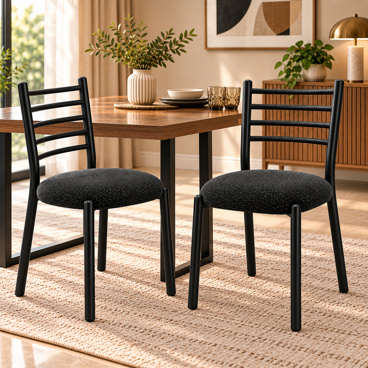 ANISHWAR Set of 2 Modern Dining Chairs for Home | Black Metal Frame with Cushioned Seat | 83 cm High Dining Chairs | Green & Black Cushion Colour Options | Dining Room & Kitchen Chairs