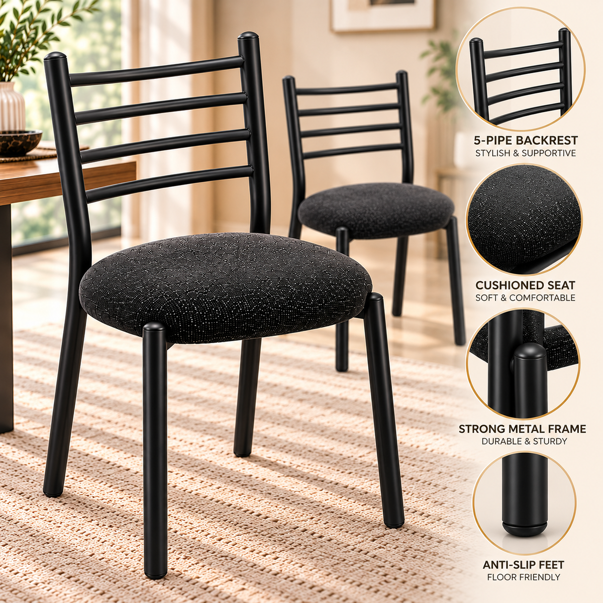 ANISHWAR Set of 2 Modern Dining Chairs for Home | Black Metal Frame with Cushioned Seat | 83 cm High Dining Chairs | Green & Black Cushion Colour Options | Dining Room & Kitchen Chairs