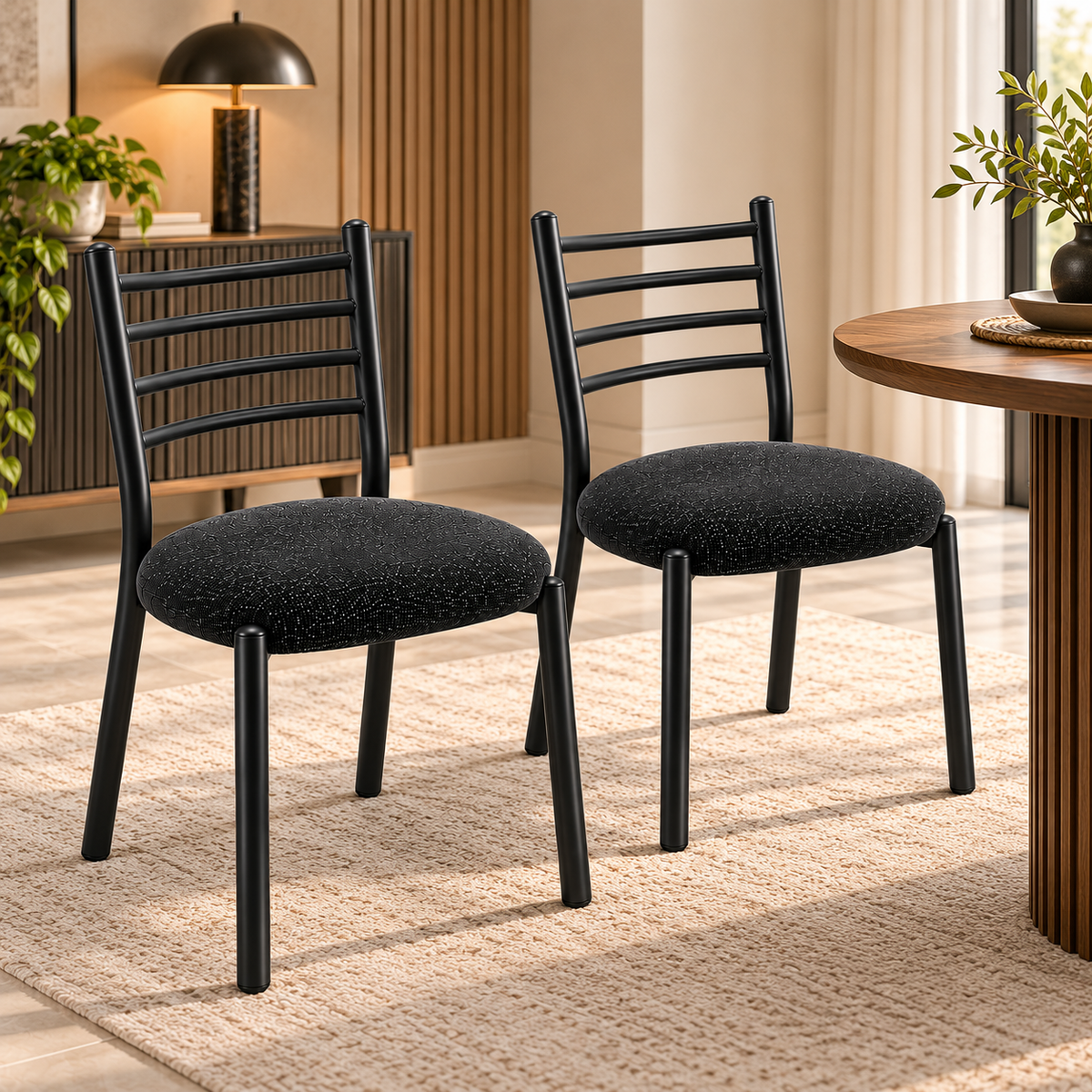 ANISHWAR Set of 2 Modern Dining Chairs for Home | Black Metal Frame with Cushioned Seat | 83 cm High Dining Chairs | Green & Black Cushion Colour Options | Dining Room & Kitchen Chairs