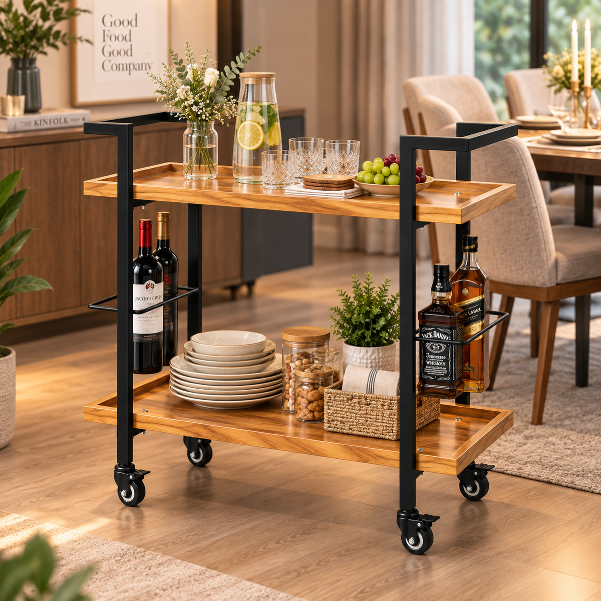 Anishwar Metal + Wood Bar Trolley ( Black And Brown Finish )