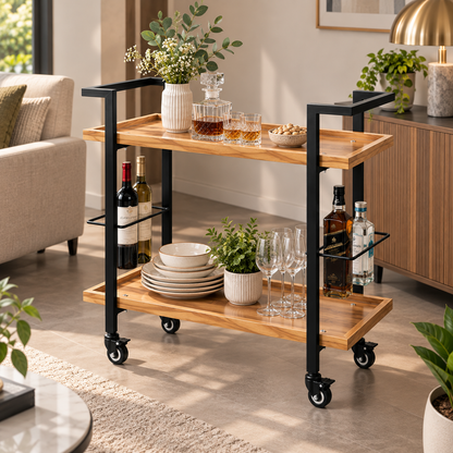 Anishwar Metal + Wood Bar Trolley ( Black And Brown Finish )
