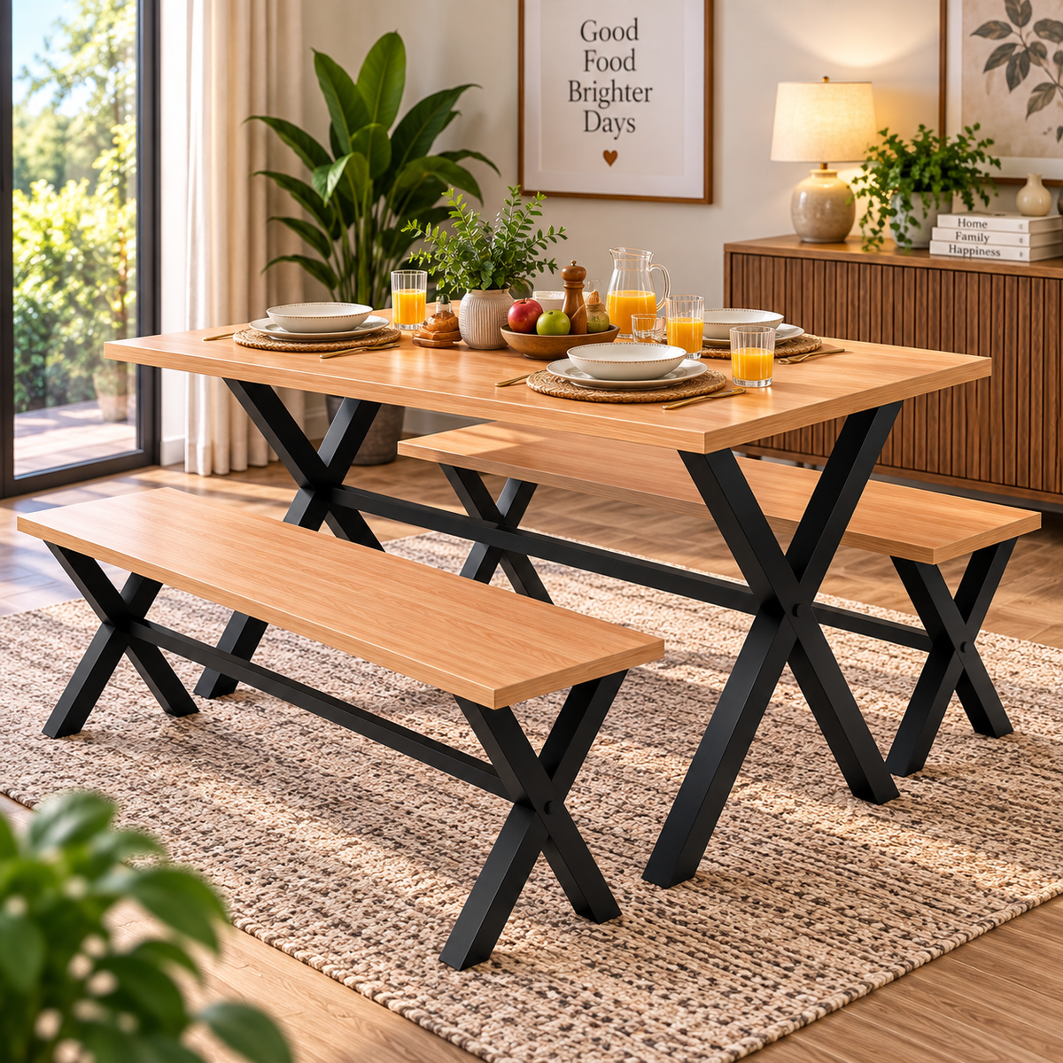 ANISHWAR 4 Seater Dining Set with Bench | Modern Metal Frame Dining Table Set