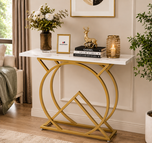 ANISHWAR Console Table with Gold Metal Frame & White Marble Finish Top | Modern Geometric Entryway Table | Luxury Sofa Side Table | Narrow Hallway & Living Room Table