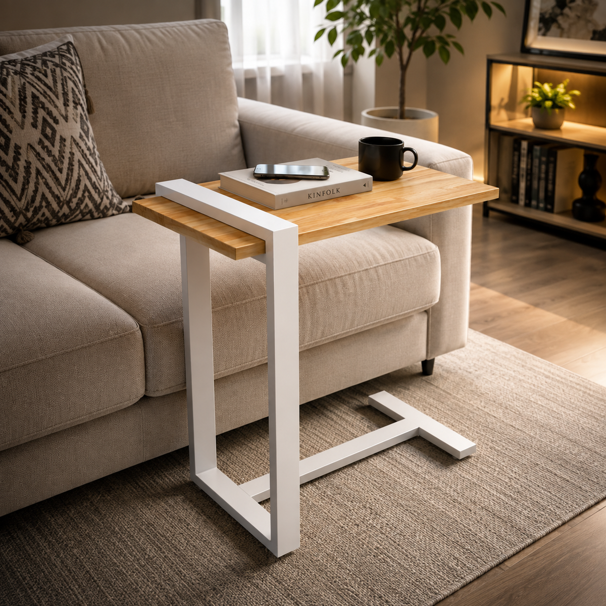 ANISHWAR Rubber Wood Top Sofa Side C Table | Heavy Metal Frame Laptop Table for Bed