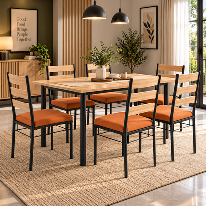 6 Seater Dining Table Set for Home | 60 × 36 Inch Wooden Finish Dining Table with 6 Orange Cushioned Chairs | Strong Black Metal Frame | Modern Dining Set for 6
