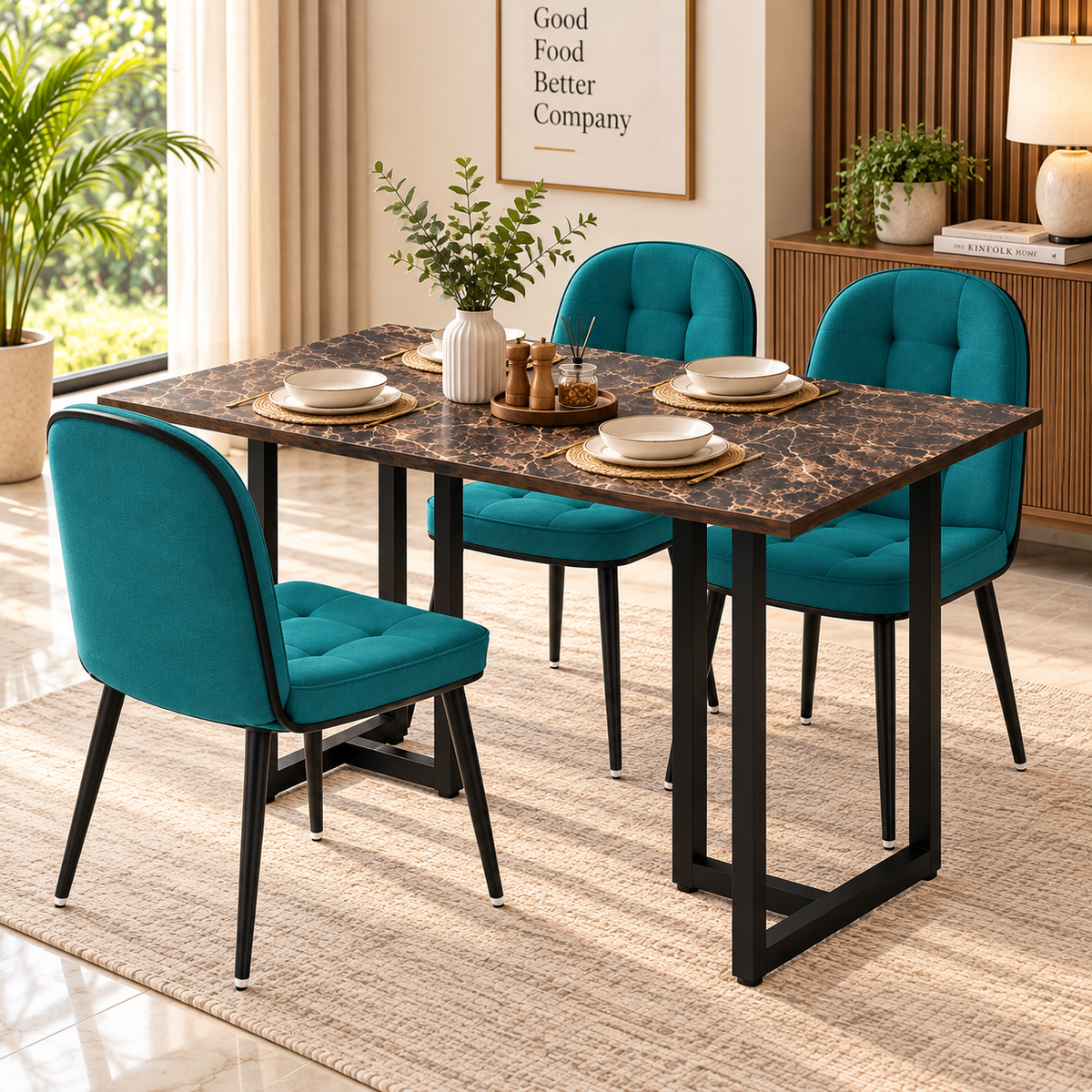 ANISHWAR 4 Seater Dining Table Set with 4 Cushioned Chairs | 48 × 30 × 30 Inch Dining Table | Premium MDF Marble Finish Top | Strong Metal Frame
