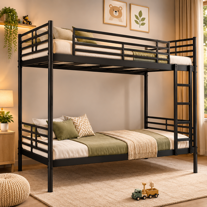 ANISHWAR Metal Bunk Bed for Kids & Adults | Double Decker Bunk Bed with Ladder & Safety Rails | Strong Metal Frame | Space Saving Twin Bunk Bed | Black