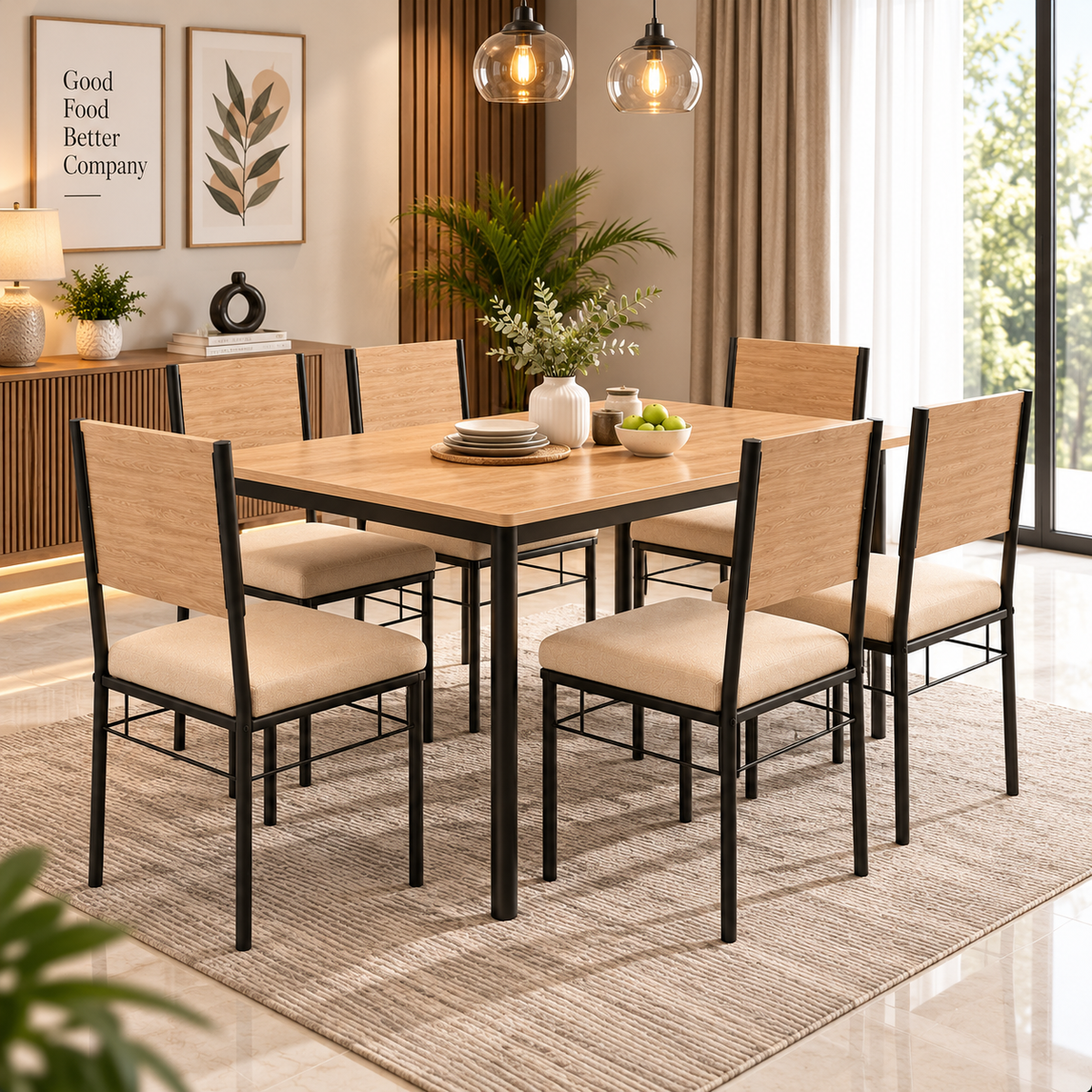 6 Seater Dining Table Set for Home | 60 × 36 Inch Dining Table with 6 Cushioned Chairs | Wooden Finish MDF Top with Strong Metal Frame | Modern Dining Set for 6