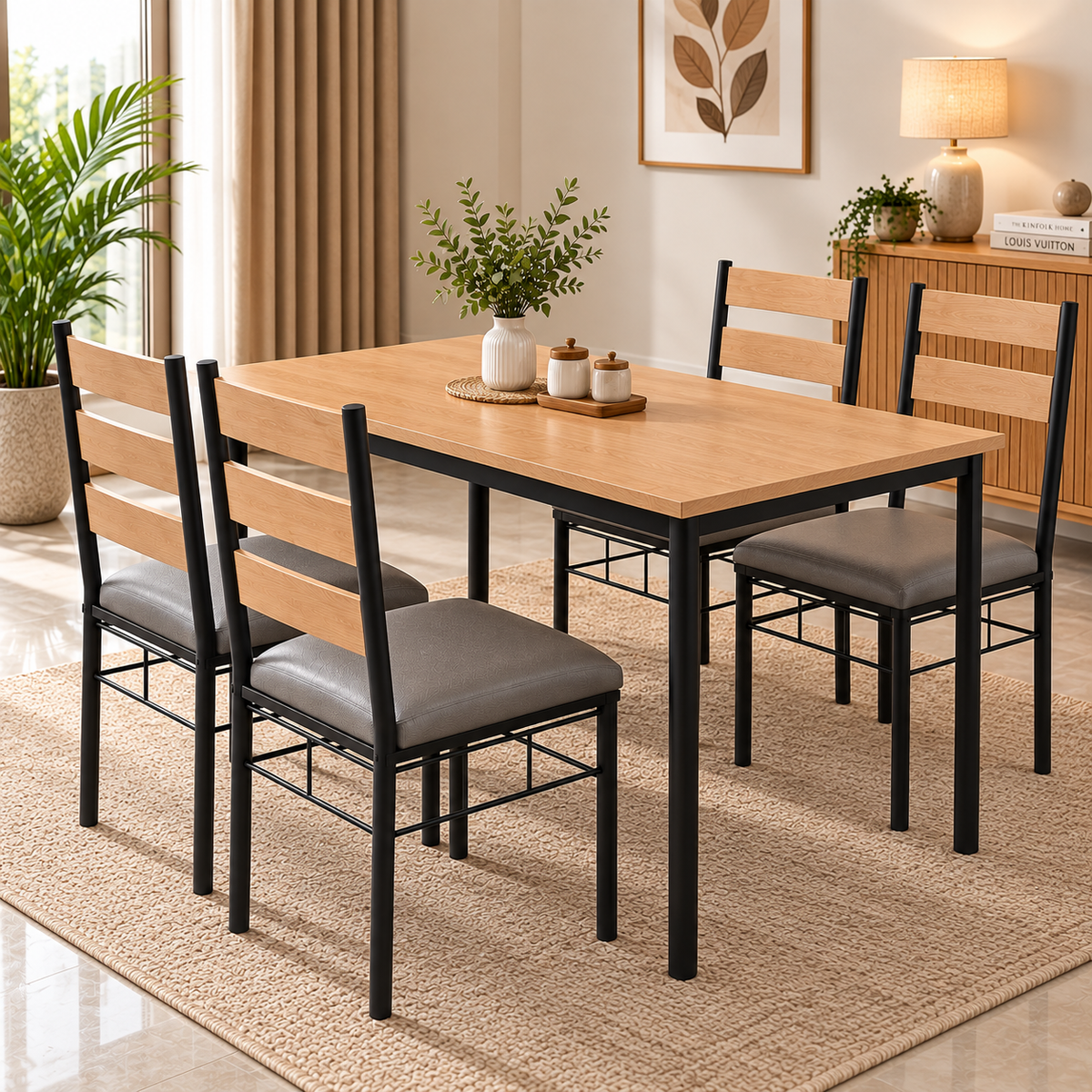 4 Seater Dining Table Set for Home | 48 × 30 Inch Wooden Finish Dining Table with 4 Grey Cushioned Chairs | Strong Black Metal Frame | Modern Dining Set for 4