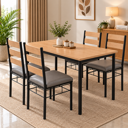 4 Seater Dining Table Set for Home | 48 × 30 Inch Wooden Finish Dining Table with 4 Grey Cushioned Chairs | Strong Black Metal Frame | Modern Dining Set for 4