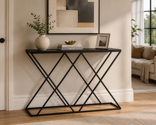 ANISHWAR Metal Console Table | Modern X-Design Entryway Table | Strong Metal Frame with Premium Tabletop | Narrow Hallway & Living Room Table | Black