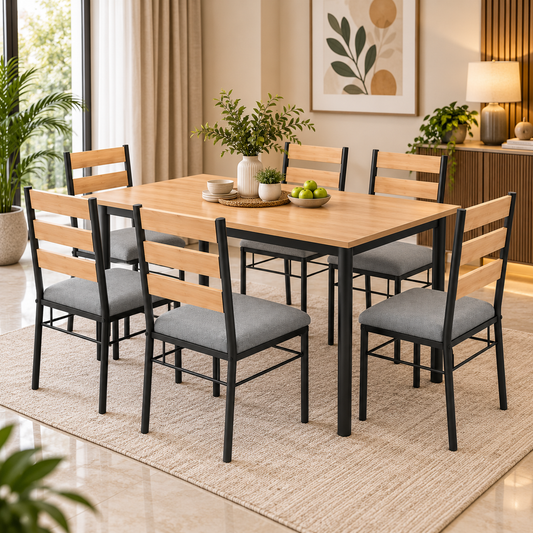 6 Seater Dining Table Set for 6 | Modern Dining Table with Cushioned Chairs | Strong Metal Frame with Wooden Finish Top | 60 × 36 Inch Dining Table | Dining Set for Home