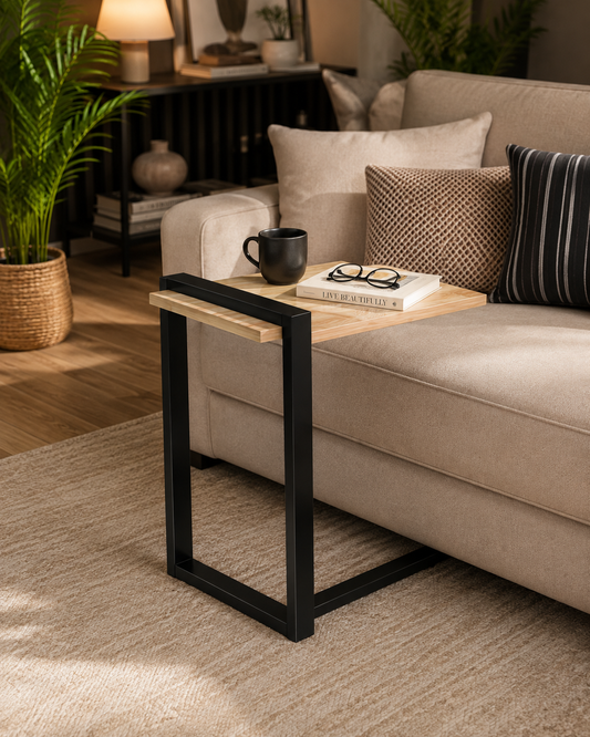 Premium Rubber Wood C Table for Sofa | Metal Frame Side Table for Living Room
