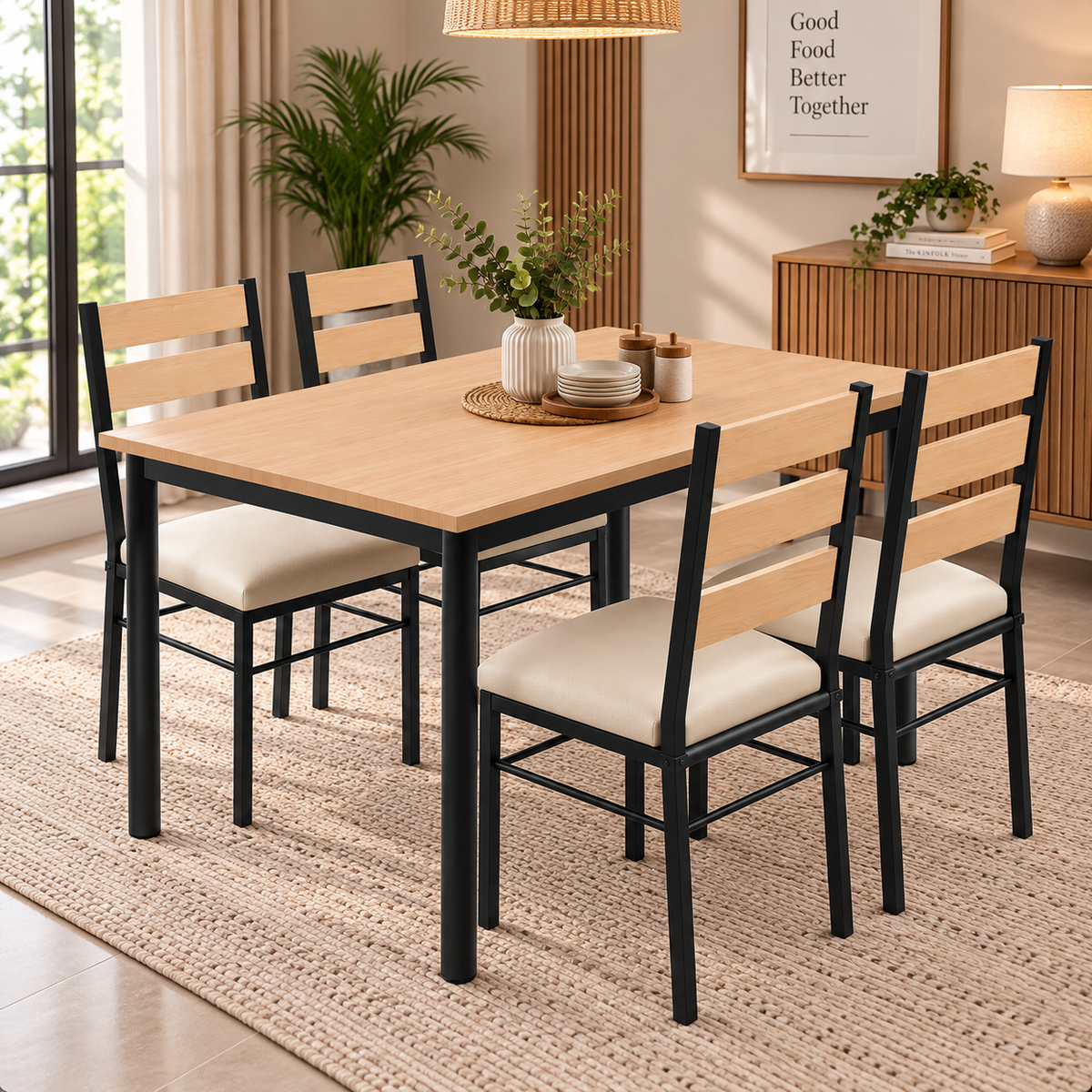 4 Seater Dining Table Set for Home | 48 × 30 Inch Dining Table with 4 Cushioned Chairs | Wooden Finish Table with 2 Inch Round Metal Frame | Modern Dining Set for 4