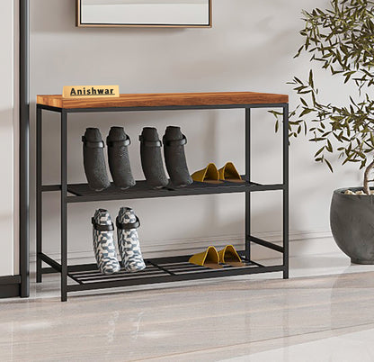 Metal Stackable 3 Tier Shoe Rack for Entryway | MDF Engendered Wooden Top Shoe Stand for Home and Office | Chappal Stand Entryway Organizer (Black)